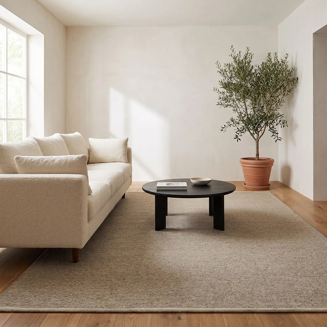 La alfombra beige en un living, con el sofá apoyado por delante y una mesa de centro encima