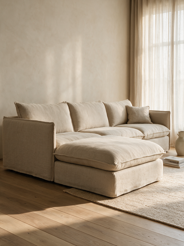 Sofá Modular Duna beige en living con luz natural - tapizado de lino