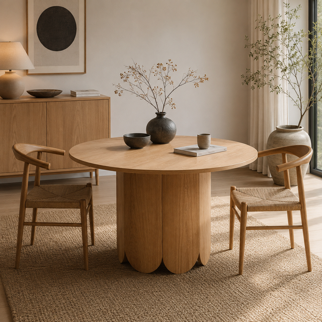 Mesa Trébol - detalle base escultura orgánica en madera, diseño contemporáneo