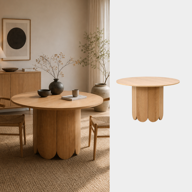 Mesa de Comedor Trébol redonda 120 cm en madera natural con base escultura orgánica
