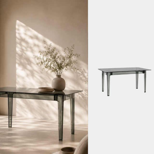 Mesa de comedor Velo en policarbonato humo con cubierta de cristal