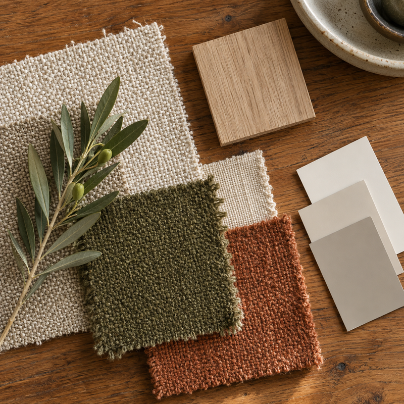 Ejemplo ilustrativo con IA de paleta de materiales: lino, madera y tonos oliva