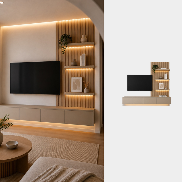 Rack de TV Nova - Mueble televisión moderno con palillaje y LED, ideal para living
