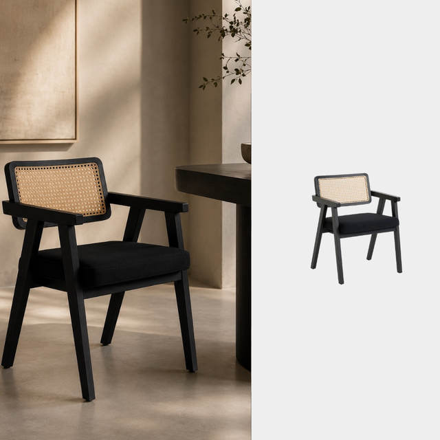 Silla Mara Black madera negra respaldo de rattan asiento tapizado - Pardecosas