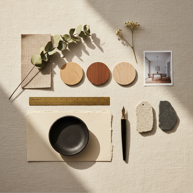Diseño Express - moodboard de interiorismo con paleta de colores y materiales naturales