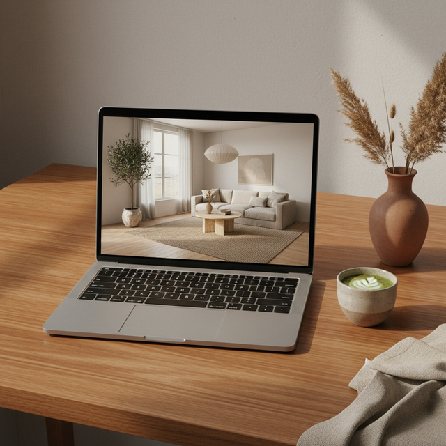 Render IA de living japandi - resultado del servicio Diseño Express