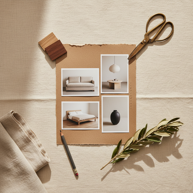 Lista de compras curada del servicio Diseño Express - composición editorial con productos reales seleccionados