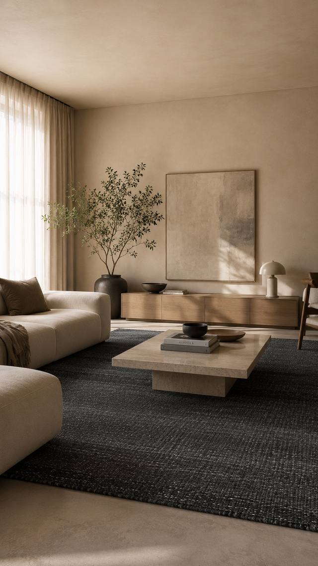 Alfombra Bruma gris en ambiente de living moderno minimalista - Pardecosas