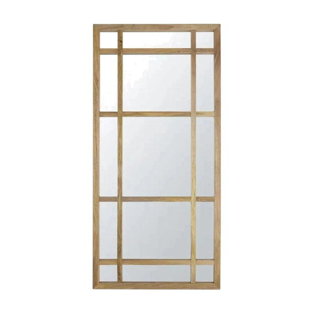 Espejo Postigo estilo ventana con marco de madera natural y cuadrícula, sobre fondo blanco