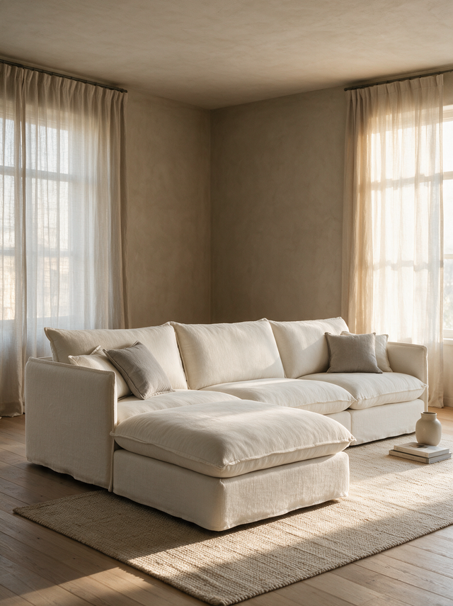 Sofá Modular Duna blanco en living cálido - sofá modular de lino