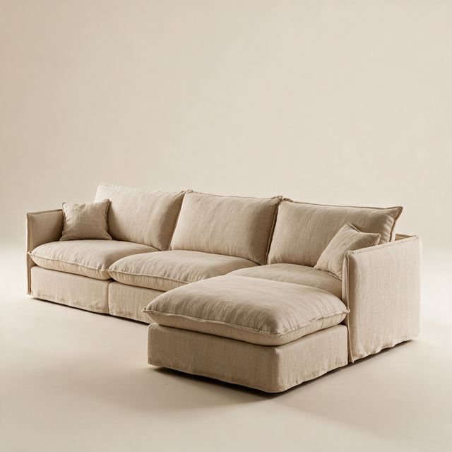 Sofá Modular Duna beige, vista de tres cuartos - tapizado de lino natural