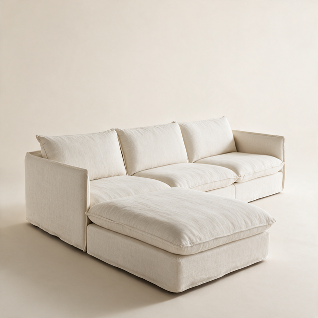 Sofá Modular Duna blanco, vista de tres cuartos - tapizado de lino natural
