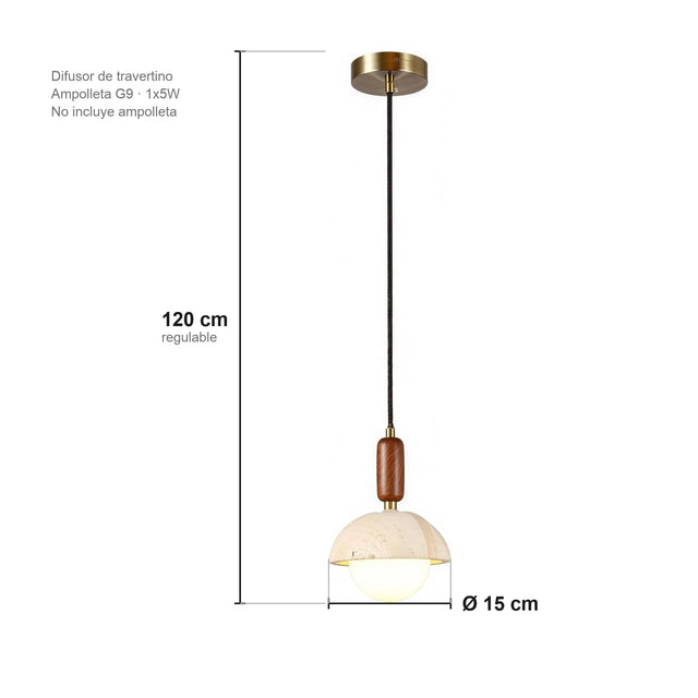 Ficha de medidas de la lámpara Tosca: 15 cm de diámetro y 120 cm de alto regulable