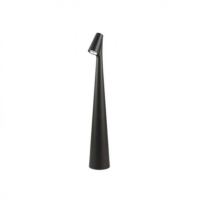 Lámpara Faro inalámbrica de aluminio negro mate sobre fondo blanco, cuerpo cónico con cabezal inclinable