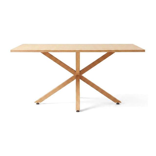 Mesa de comedor Aspa rectangular en madera natural con base central entrecruzada, sobre fondo blanco