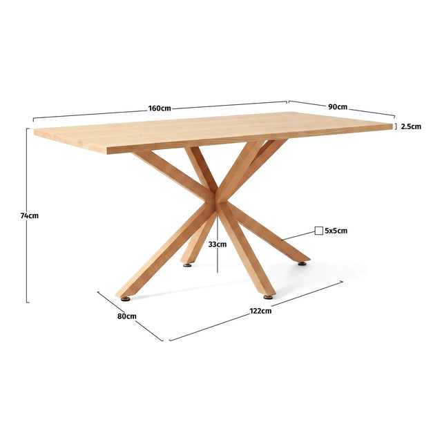 Ficha de medidas de la Mesa Aspa de 160 cm: 160 x 90 x 74 cm, tablero de 2,5 cm y base de 122 x 80 cm