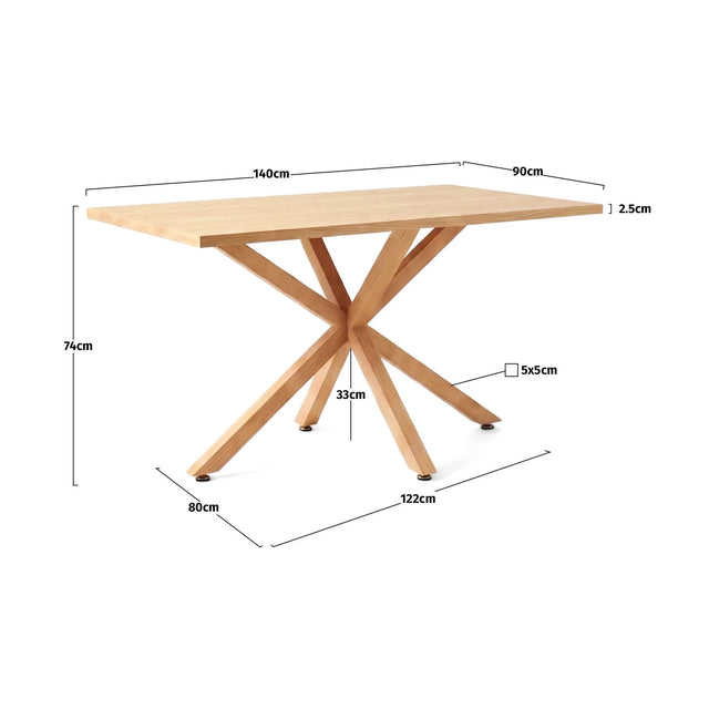 Ficha de medidas de la Mesa Aspa de 140 cm: 140 x 90 x 74 cm con base central entrecruzada