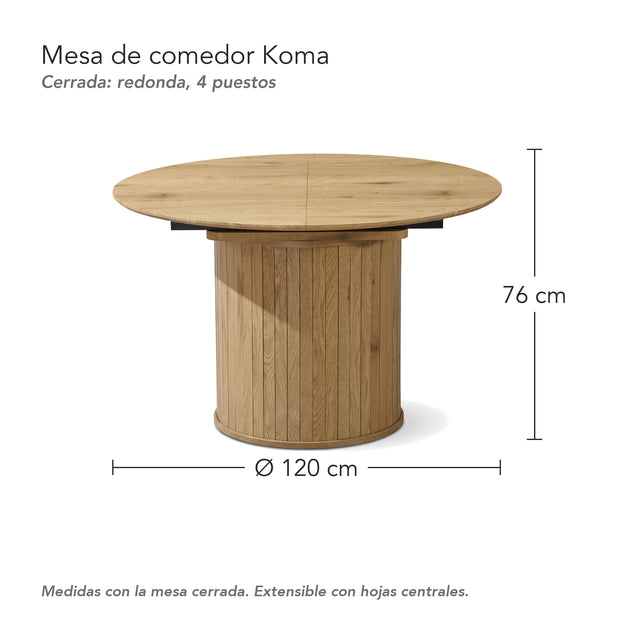 Medidas de la mesa Koma cerrada: diámetro 120 cm y alto 76 cm