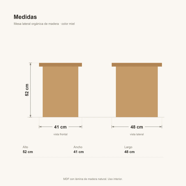 Ficha de medidas: 52 cm de alto, 41 cm de ancho y 48 cm de largo