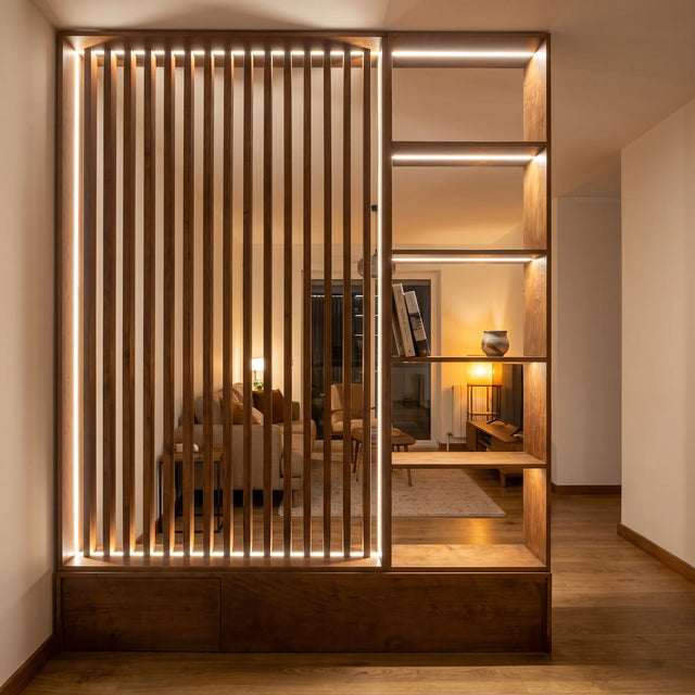 Mueble divisorio separando el hall del living, con la celosía y las repisas iluminadas y pasantes