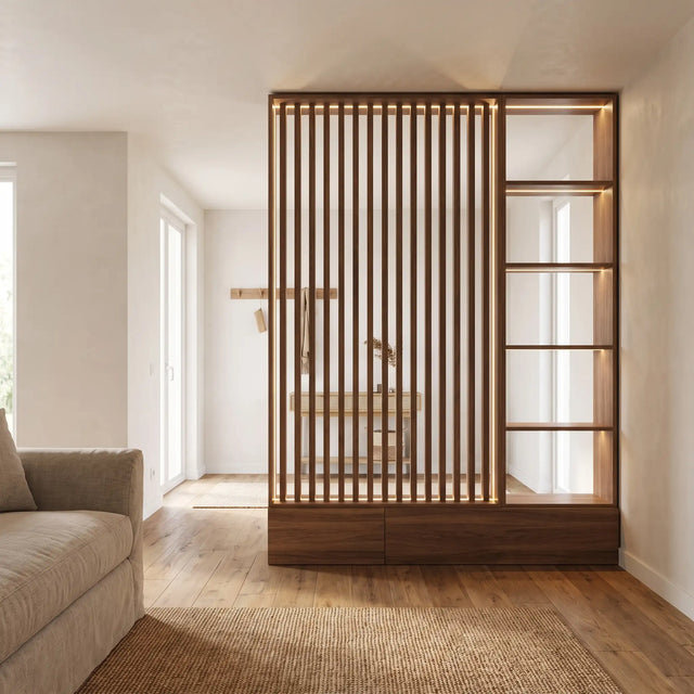 Mueble divisorio visto desde el living, dejando pasar la luz entre los listones