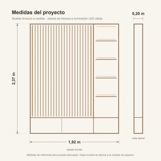 Plano del mueble divisorio: alzado frontal de 1,92 por 2,37 m y vista lateral de 0,20 m de fondo
