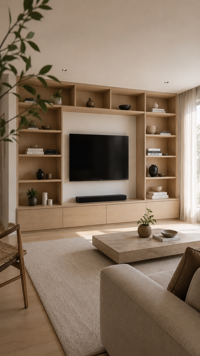 Mueble TV Horizonte - Living moderno en melamina roble nórdico y blanco