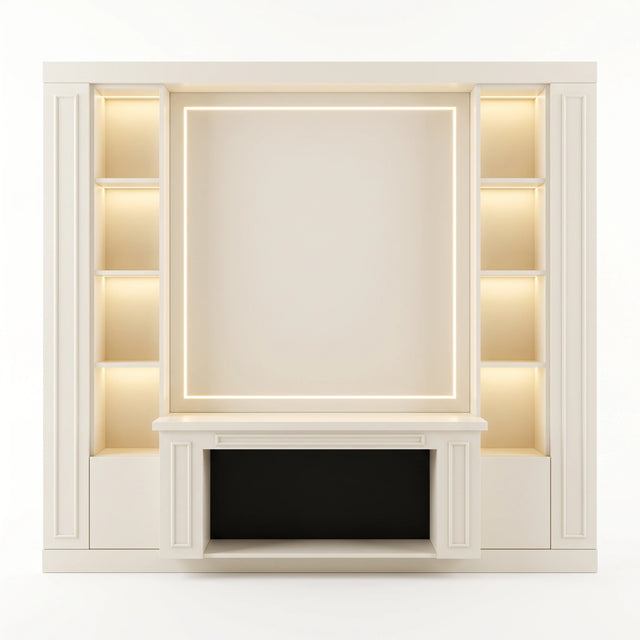 Mueble de TV a medida en laca hueso con molduras, repisas con LED y nicho de chimenea, fondo blanco
