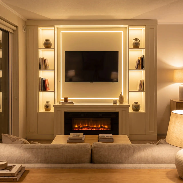 Mueble de TV a medida instalado en un living, con la chimenea eléctrica encendida y las repisas iluminadas