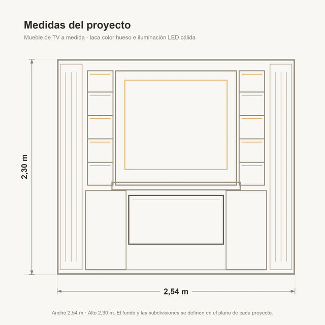 Plano del mueble de TV a medida: alzado frontal de 2,54 m de ancho por 2,30 m de alto