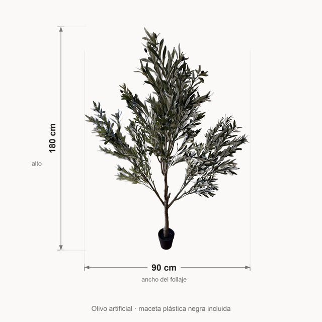 Ficha de medidas del olivo artificial: 180 cm de alto y 90 cm de ancho de follaje