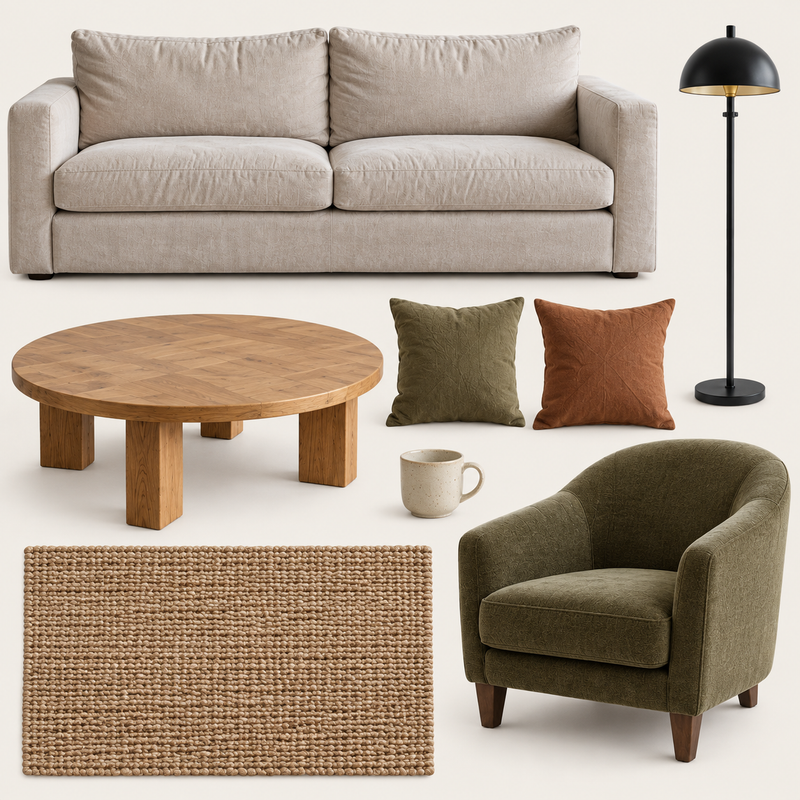 Selección ilustrativa con IA de muebles, iluminación y textiles para un living