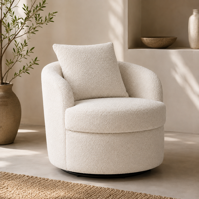 Detalle Poltrona Varenna Giratoria boucle crema en living minimalista - Pardecosas