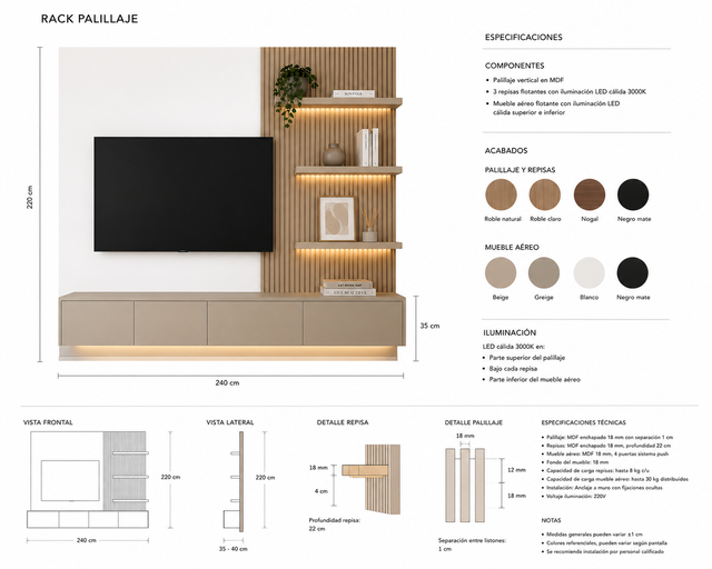 Rack de TV Nova - Estante madera para salón comedor con repisas flotantes