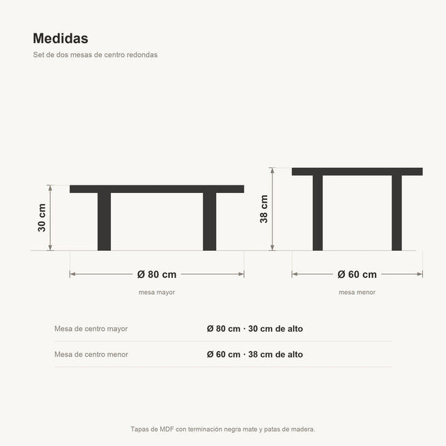 Ficha de medidas: mesa mayor Ø 80 por 30 cm de alto y mesa menor Ø 60 por 38 cm de alto