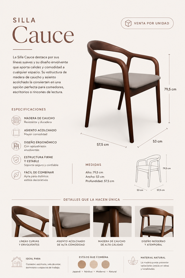 Silla Cauce madera de caucho para comedor y escritorio