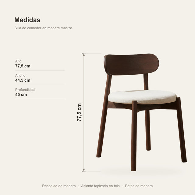 Ficha de medidas de la silla Kaya: 77,5 cm de alto, 44,5 de ancho y 45 de profundidad