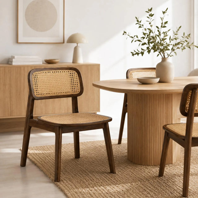 Silla Nagi junto a mesa de comedor para apreciar su escala y proporciones