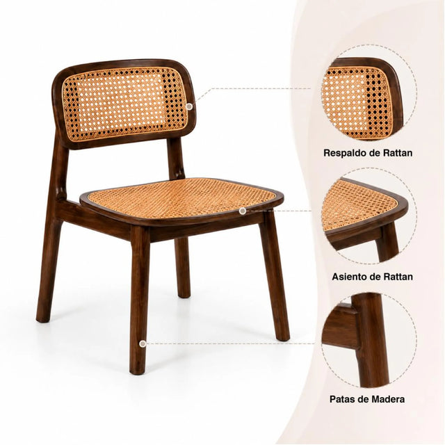 Detalles del respaldo, asiento de ratán y patas de madera de la silla Nagi