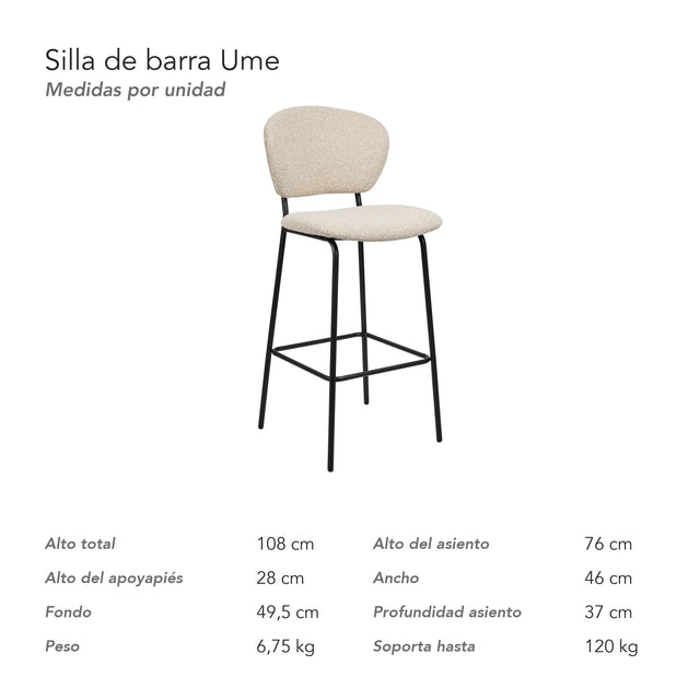 Medidas de la silla de barra Ume: alto 108 cm, asiento a 76 cm, ancho 46 cm y fondo 49,5 cm