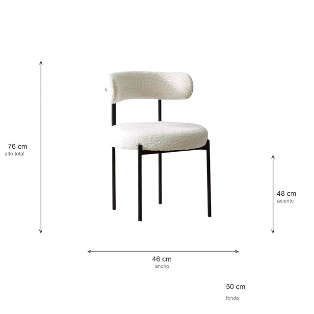 Ficha de medidas de la Silla Kaia: 76 cm de alto, 46 de ancho, 50 de fondo y asiento a 48 cm