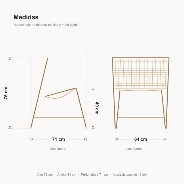 Ficha de medidas de la silla lounge: 75 cm de alto, 64 de ancho, 71 de fondo y asiento a 40 cm