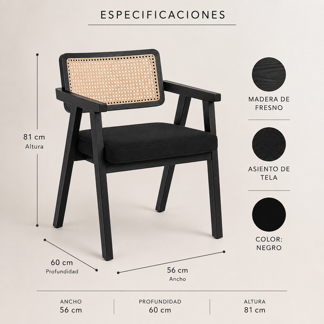 Especificaciones técnicas Silla Mara Black 81cm madera fresno negra - Pardecosas