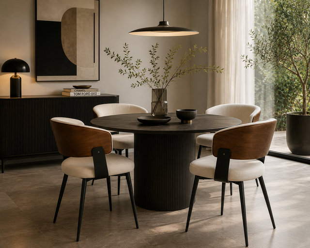 Silla Moka crema en comedor con mesa redonda negra - Pardecosas