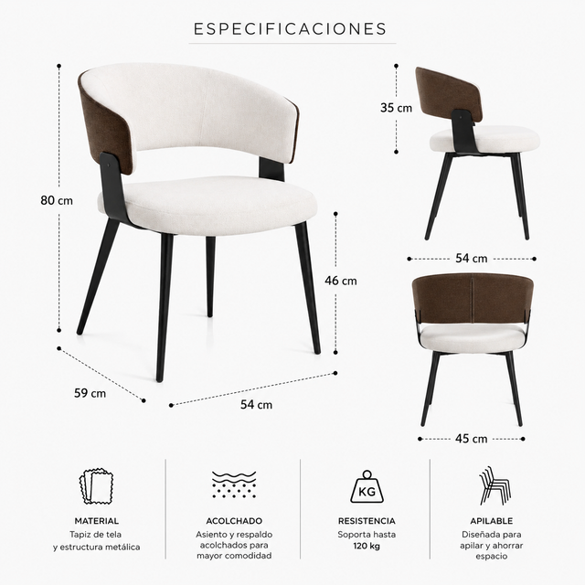 Especificaciones técnicas Silla Moka 80cm apilable resistencia 120kg - Pardecosas