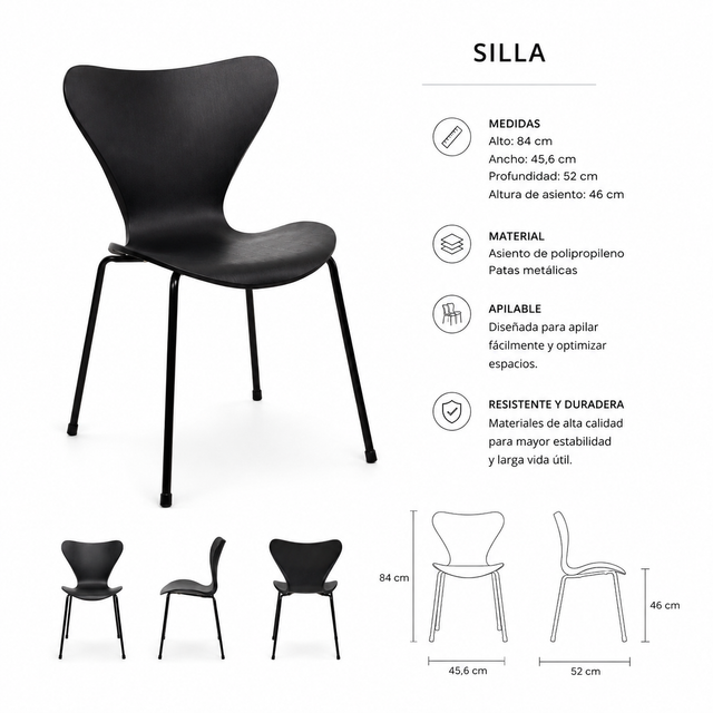 Especificaciones técnicas Silla Noma negra 84cm apilable - Pardecosas