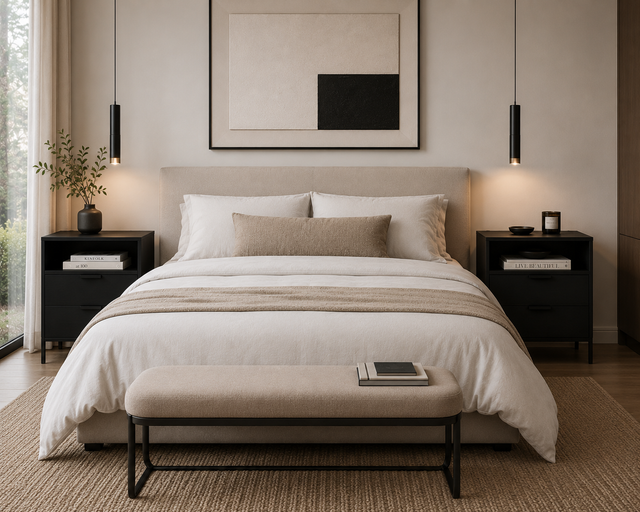 Par de veladores Manhattan negros a los costados de la cama en dormitorio - Pardecosas
