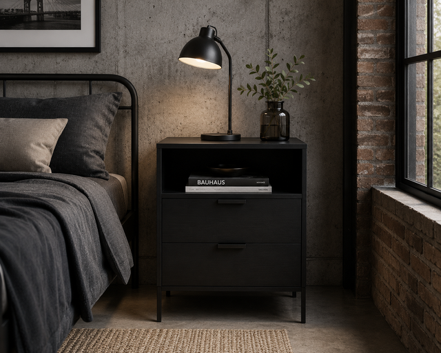 Velador Manhattan negro en dormitorio de estilo industrial loft - Pardecosas