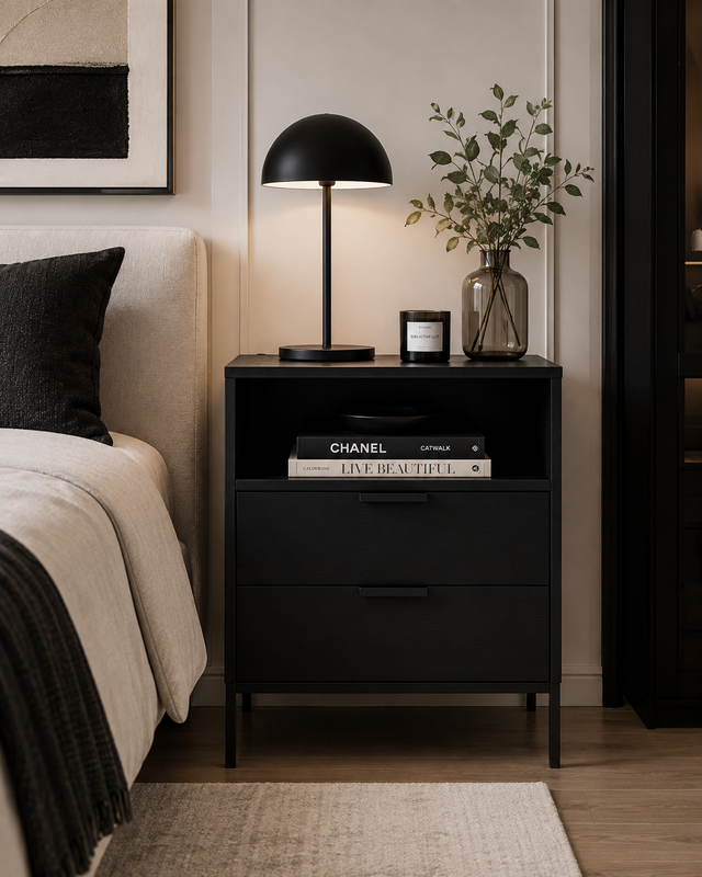Detalle del velador Manhattan negro junto a lámpara en dormitorio boutique - Pardecosas