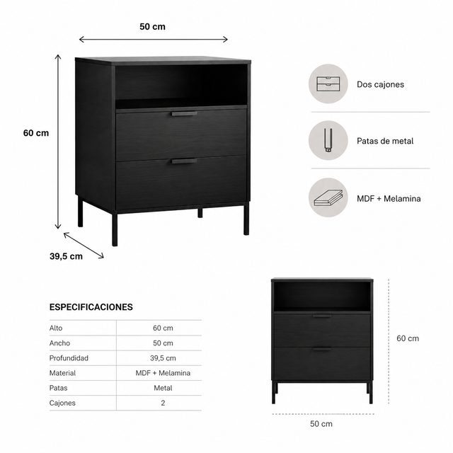 Especificaciones técnicas Velador Manhattan negro 60x50x39,5cm - Pardecosas